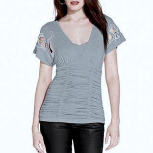 XOXO Heather Gray Embellished Ruched Cutout Top